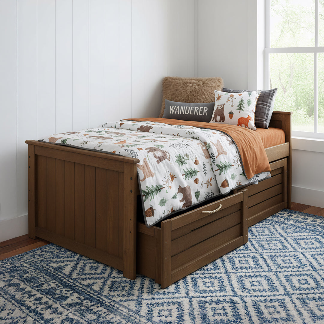 Wooden bed with bedding and pillows in a room with a window and rug.