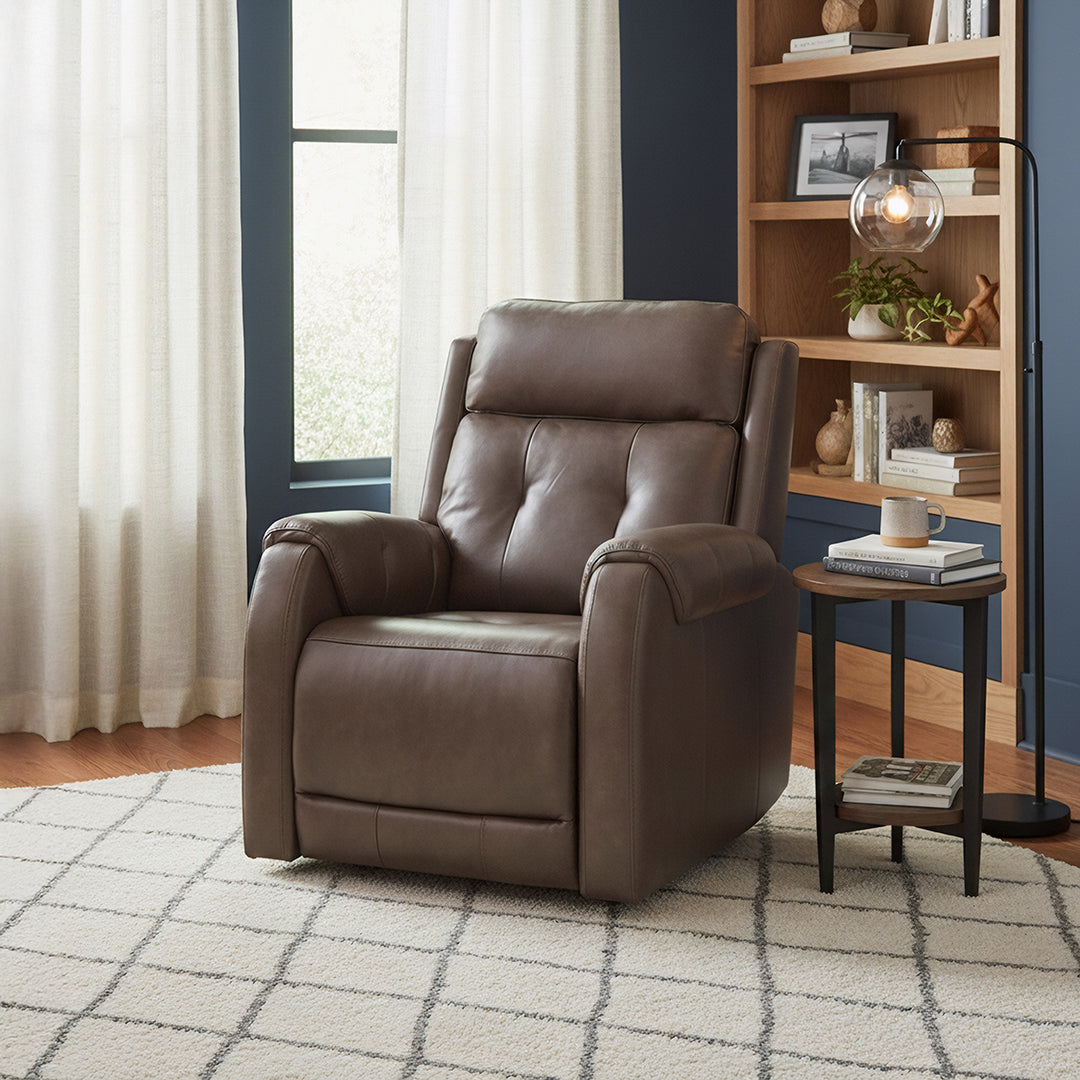 Dark brown power swivel glider leather recliner.