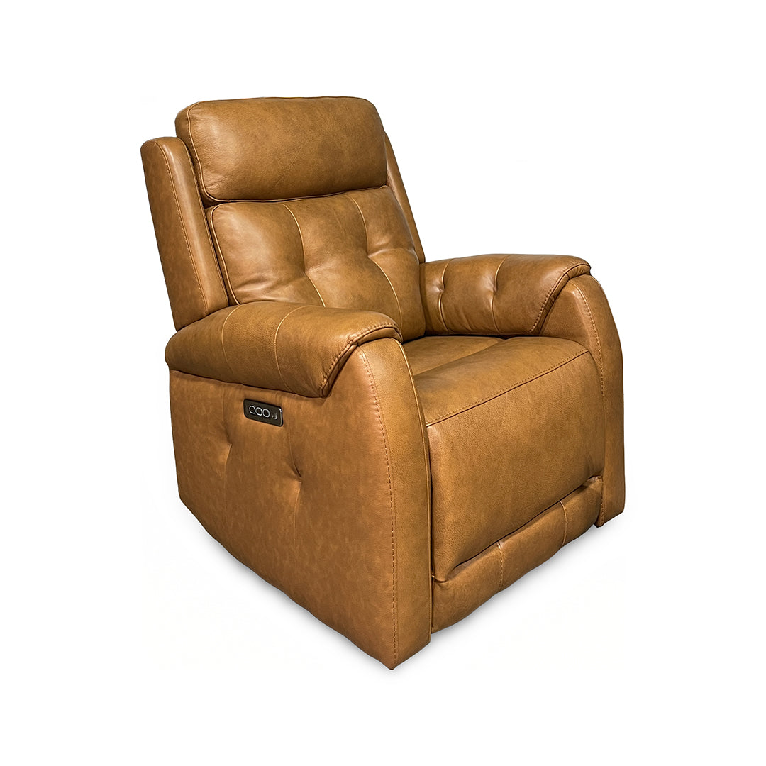 Light brown power swivel glider leather recliner.