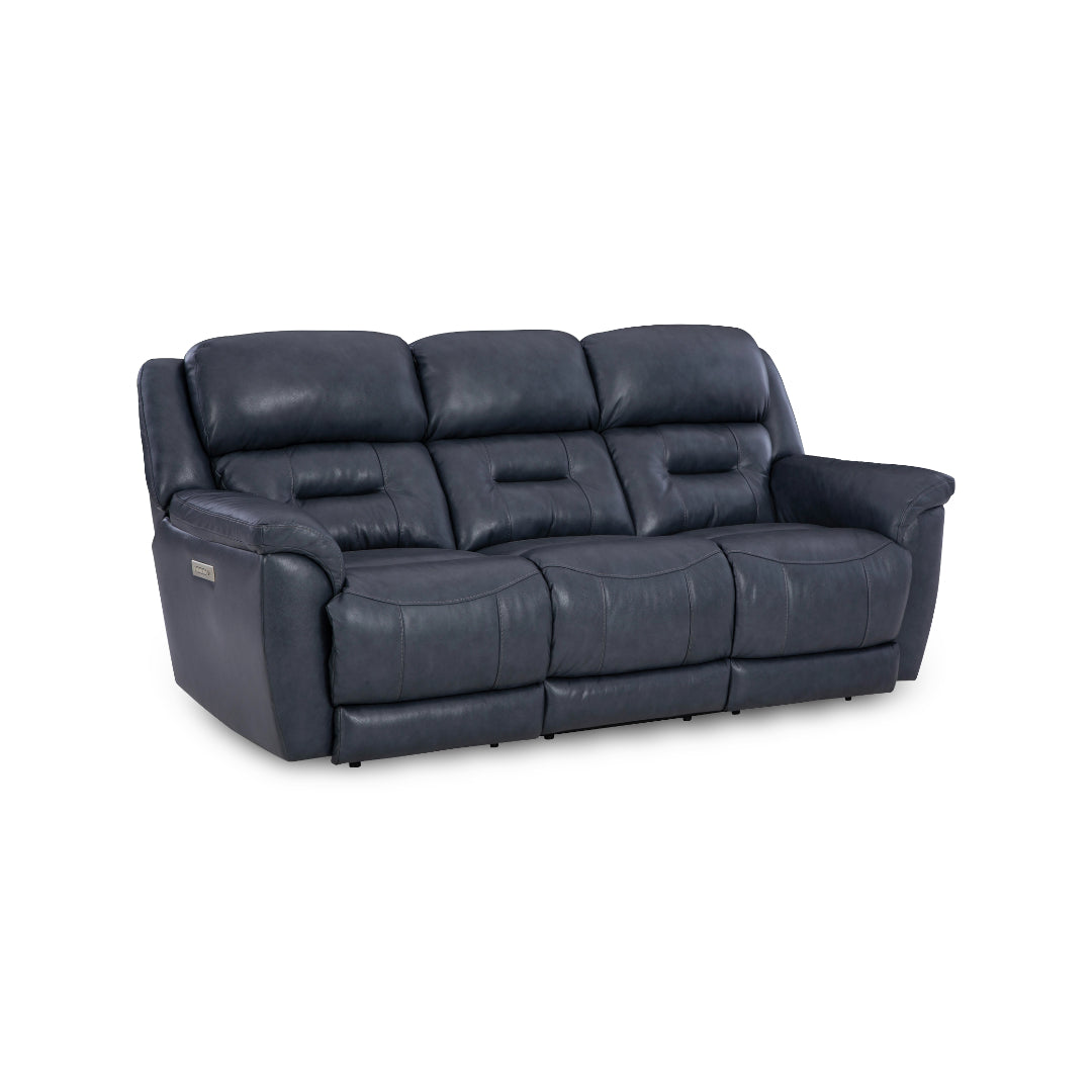 Cyan Leather Zero-G Reclining Set from Home Stretch in Blue with Cup Holders, Storage, Made in USA - Reclined position