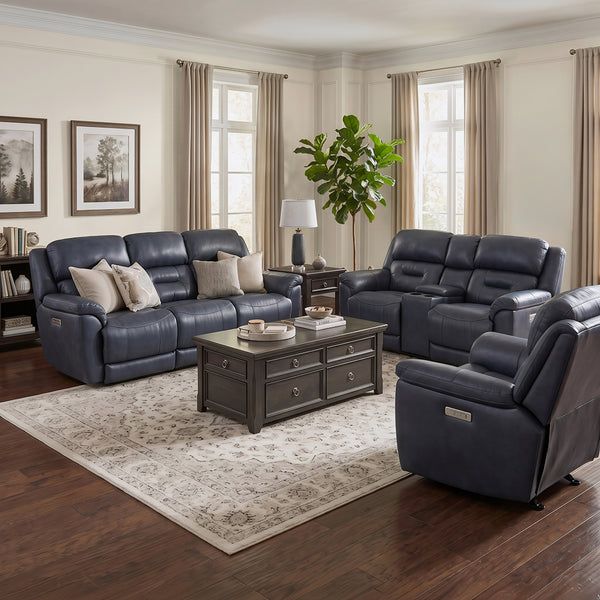 Cyan Leather Zero-G Reclining Set from Home Stretch in Blue, Made in USA - Room setting