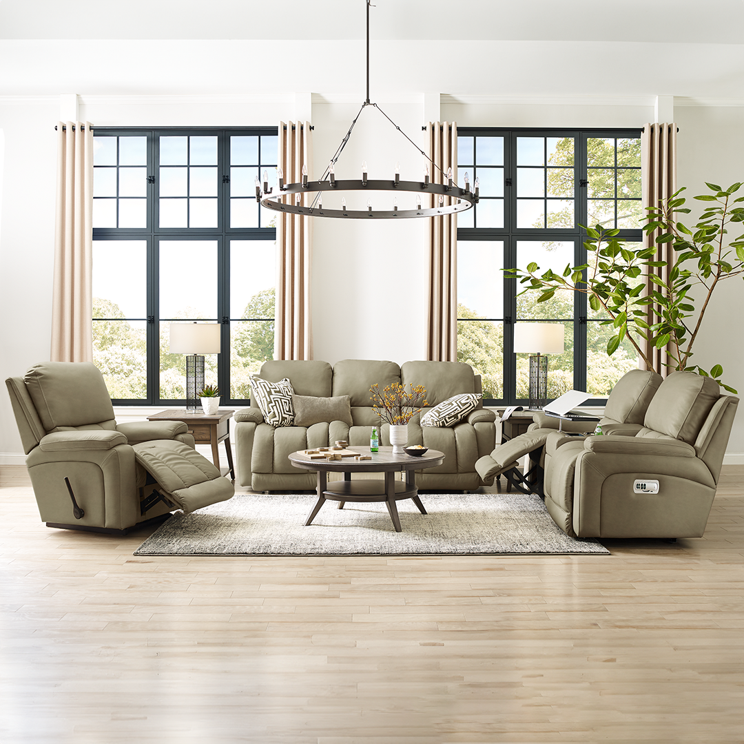 Greyson Leather Power Reclining Loveseat with Console and Wireless Remote from La-Z-Boy Incorporated in Beige, Made in USA - Gray finish
