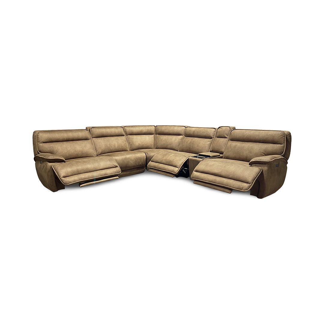 Daniel Zero-G Power Reclining Sectional (6-Piece) from Cheers in Brown Polyester with Cup Holders, Power Headrest - Reclined position