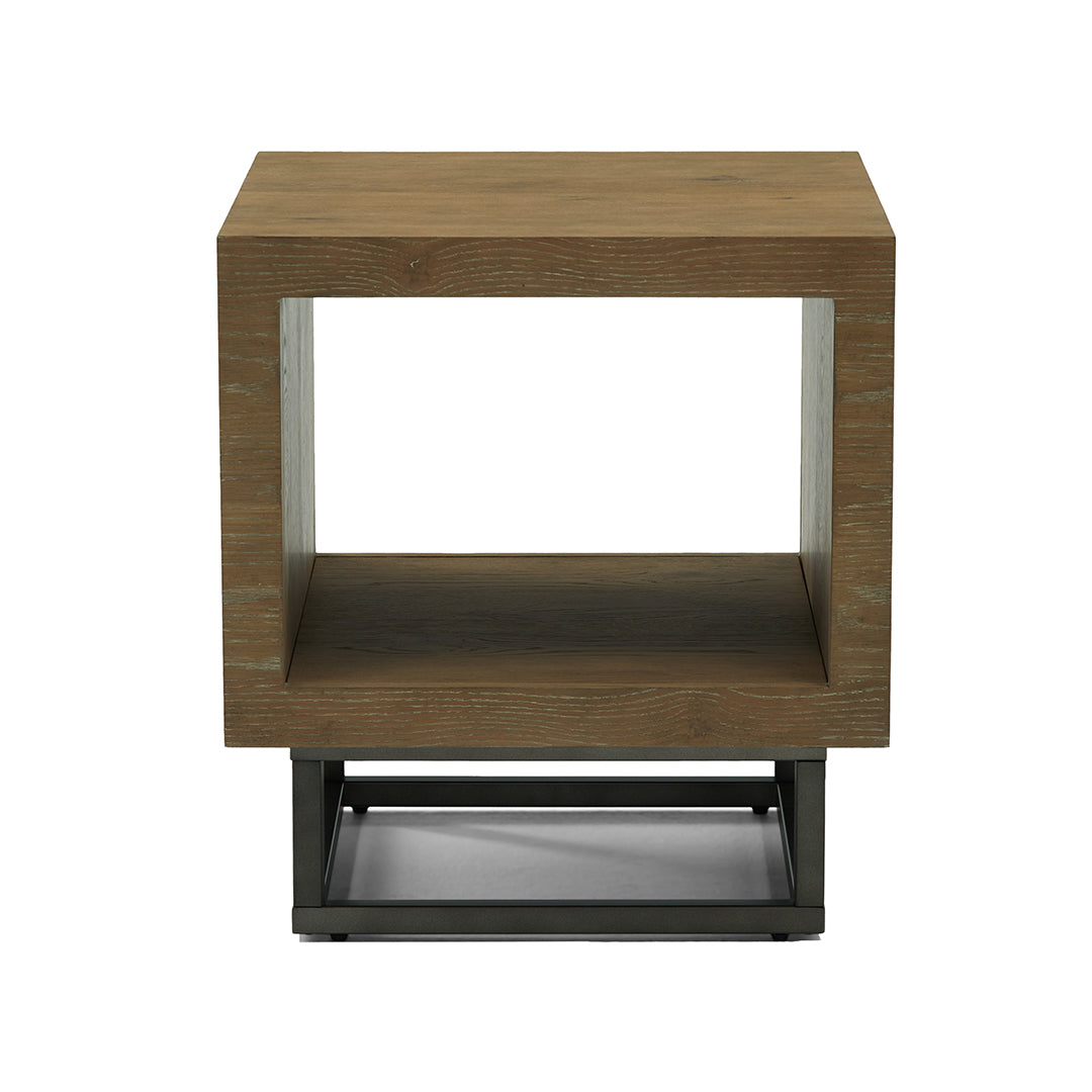 Joybird wooden side table with black metal frame