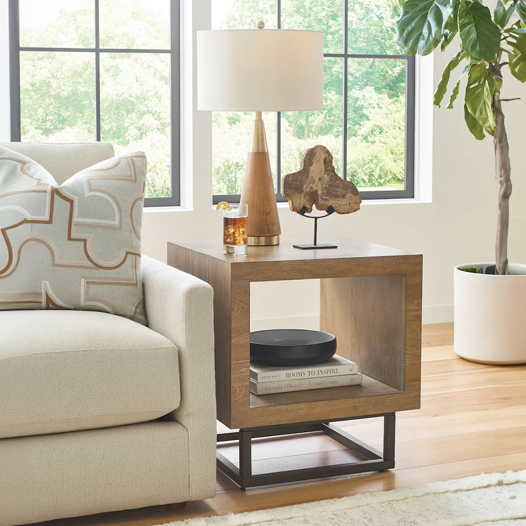 Joybird wooden side table with black metal frame