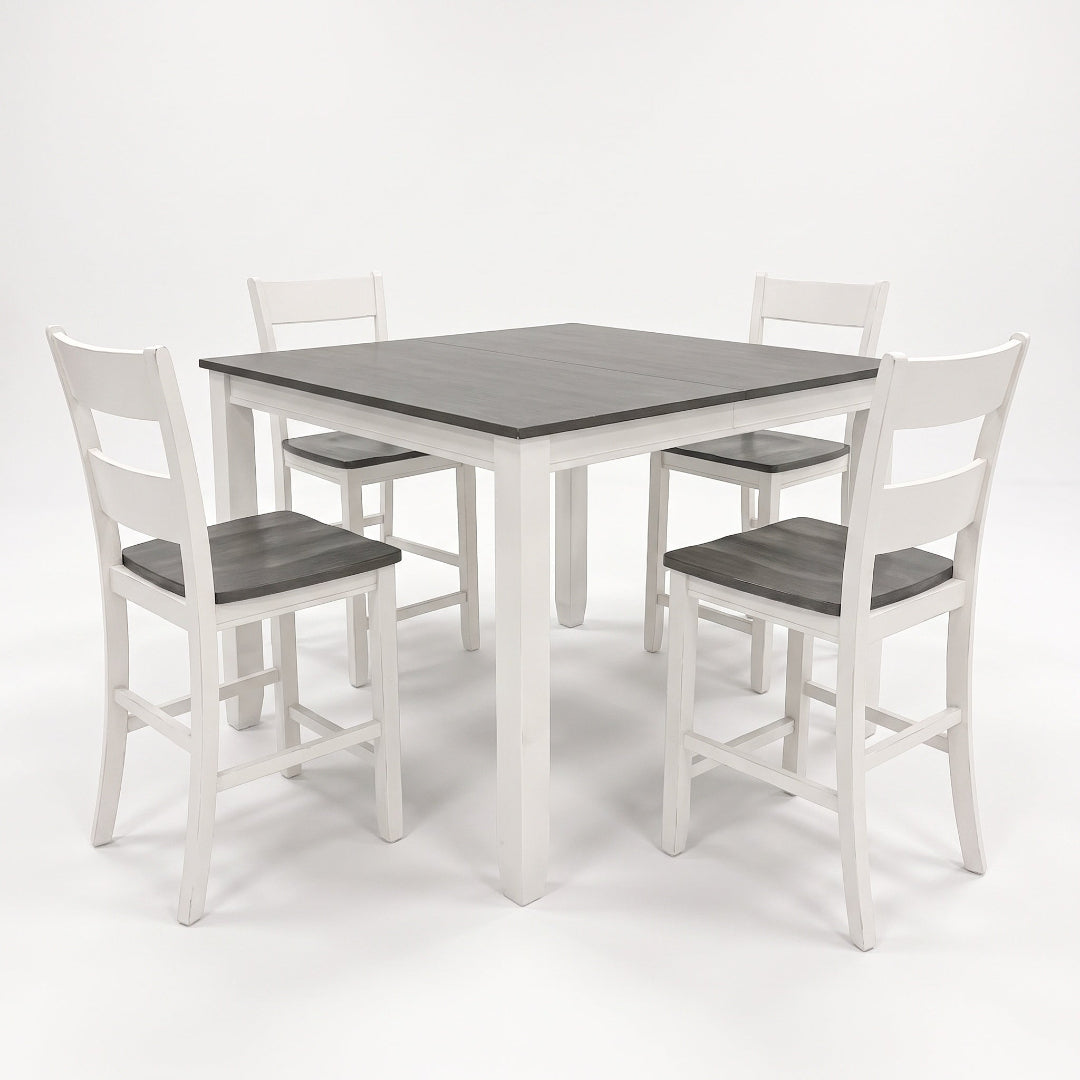 A 5-piece counter height dining set featuring a square table with a dark gray wood-grain top and white legs, accompanied by four matching white chairs with dark gray seats.