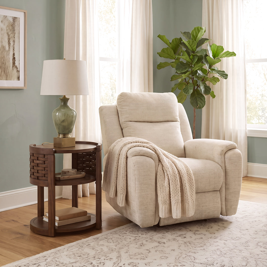 Drake Zero-G Swivel Glider Recliner with Heat & Massage from Southern Motion in Beige Polyester, Made in USA - Reclined position