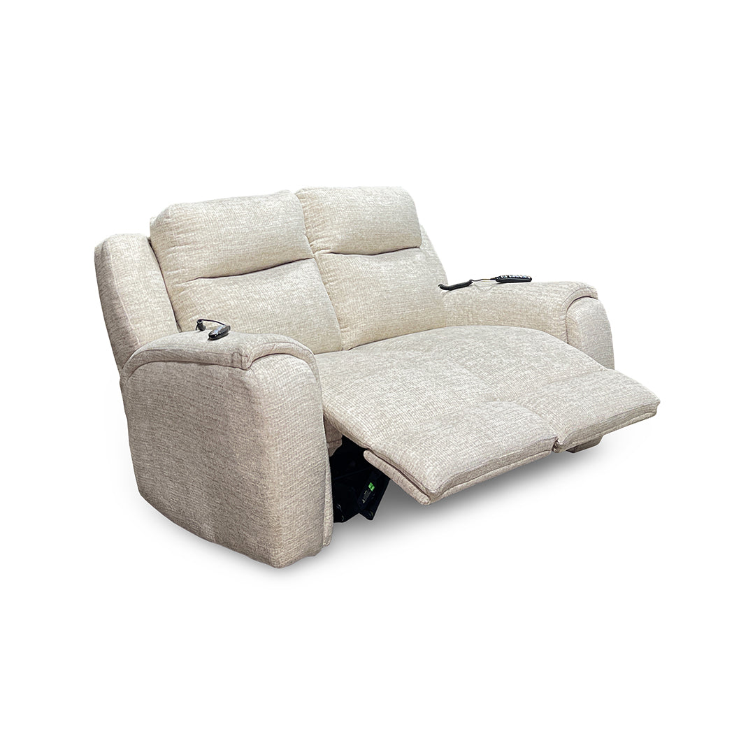 Drake Zero-G Reclining Loveseat with Heat & Massage from Southern Motion in Beige Polyester, Made in USA - Reclined position