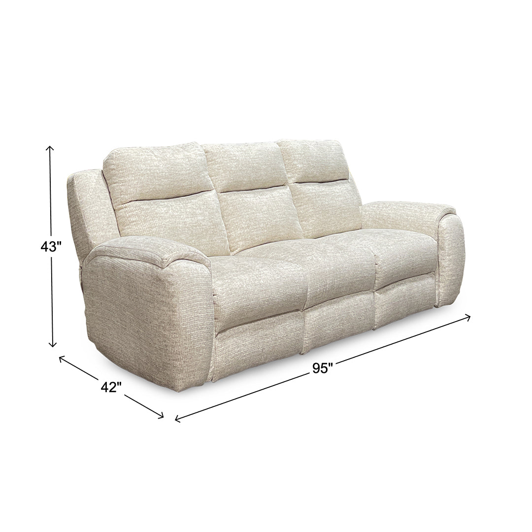 Drake Zero-G Reclining Sofa with Heat & Massage from Southern Motion in Beige Polyester, Made in USA - Reclined position
