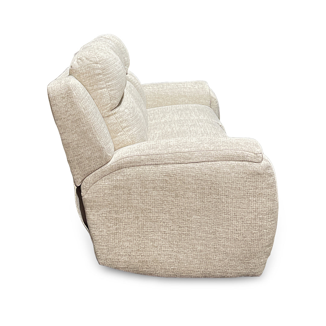 Drake Zero-G Reclining Sofa with Heat & Massage from Southern Motion in Beige Polyester, Made in USA - Reclined position
