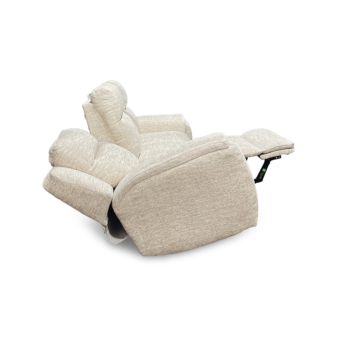 Drake Zero-G Reclining Sofa with Heat & Massage from Southern Motion in Beige Polyester, Made in USA - Reclined position