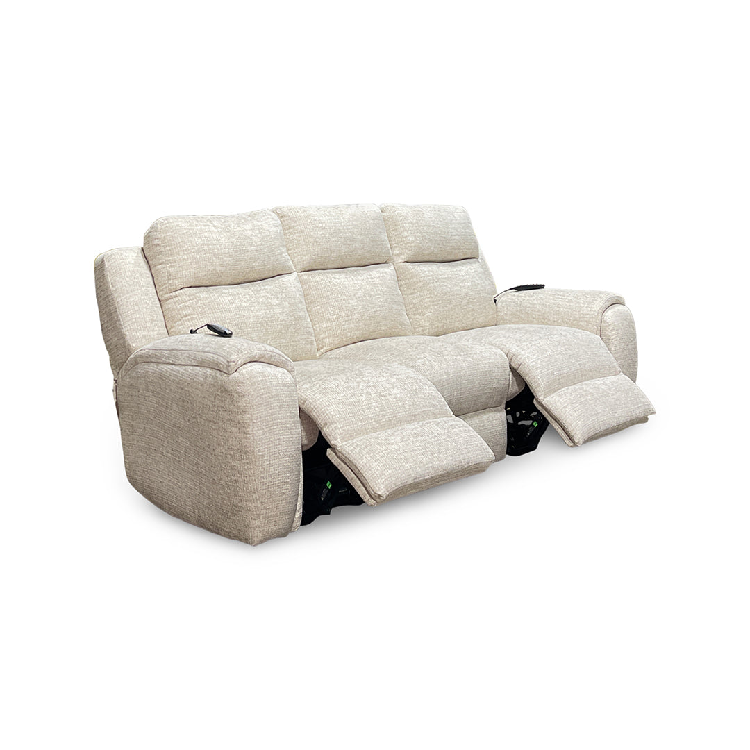 Drake Zero-G Reclining Sofa with Heat & Massage from Southern Motion in Beige Polyester, Made in USA - Reclined position