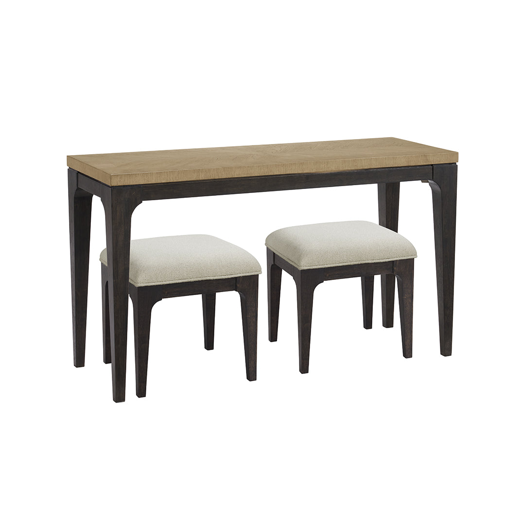 Beige Sutton Place Console Table with Stools from Emerald Home Furnishing - Angle view
