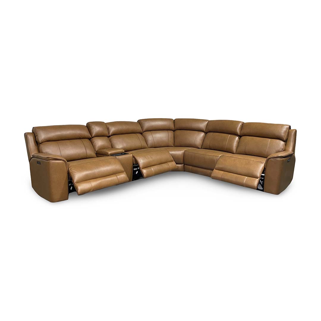 Fonda Leather Power Reclining Sectional (6-Piece) from Cheers in Brown - Reclined position