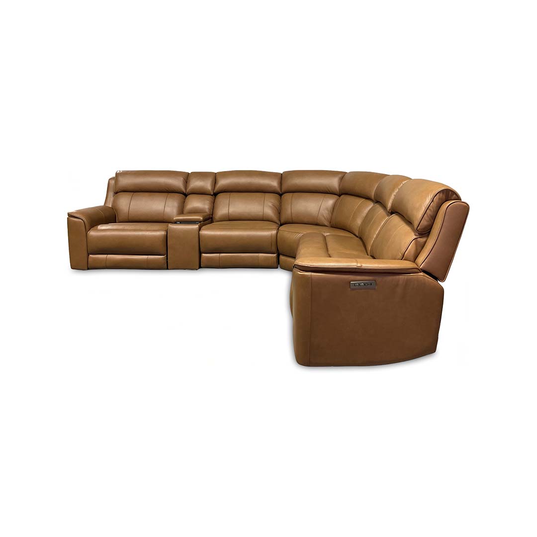 Fonda Leather Power Reclining Sectional (6-Piece) from Cheers in Brown - Reclined position