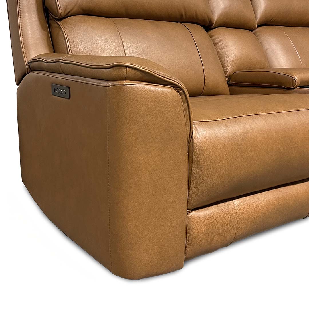 Fonda Leather Power Reclining Sectional (6-Piece) from Cheers in Brown with Cup Holders, Storage - Reclined position