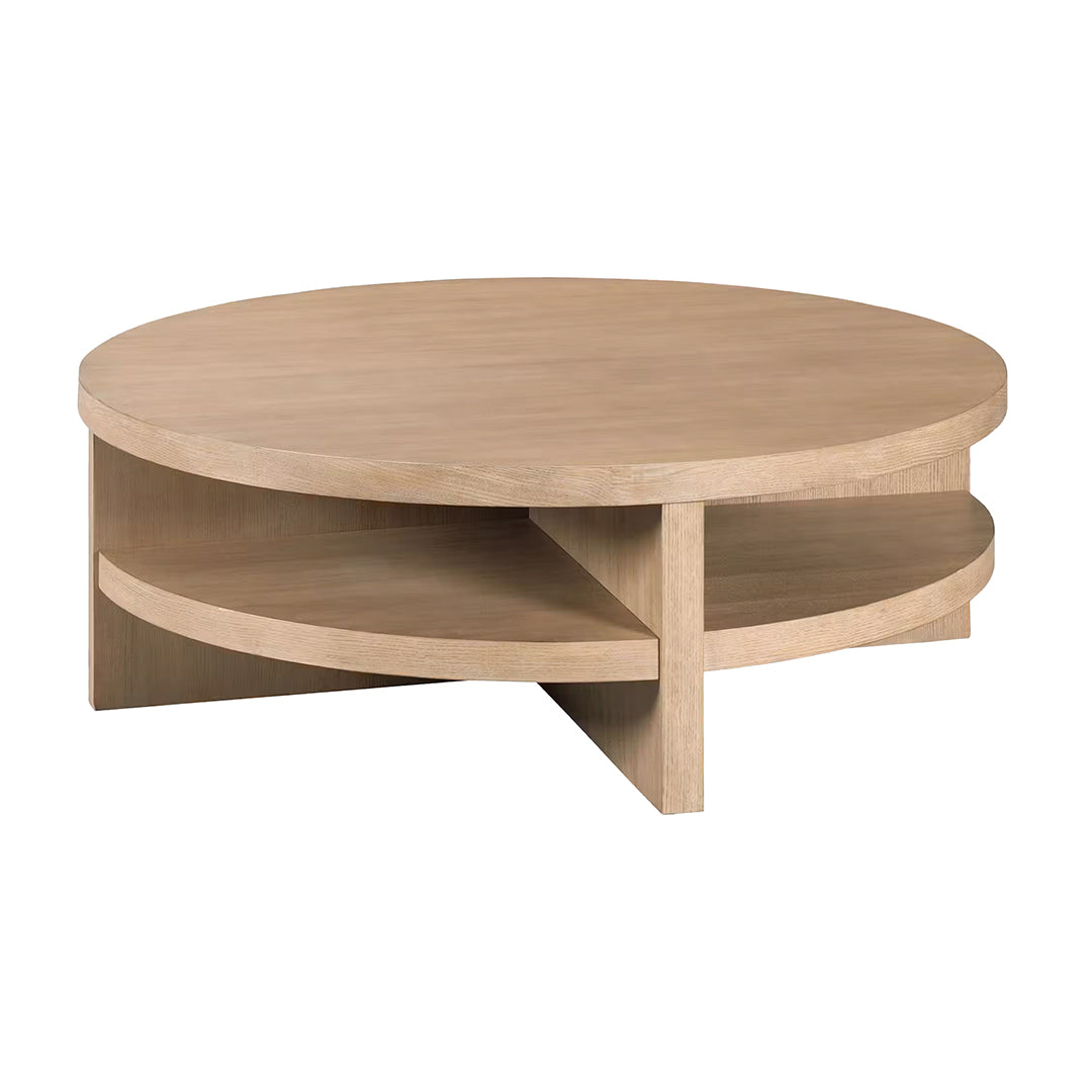 Joybird wooden round coffee table.