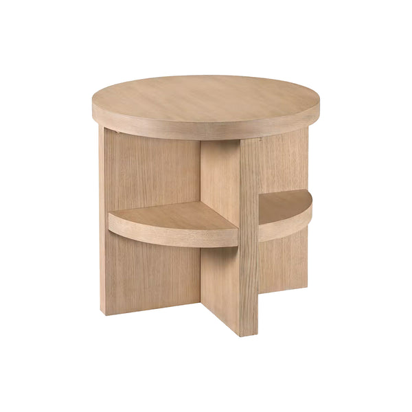 Joybird wooden side table with a round top and two shelves