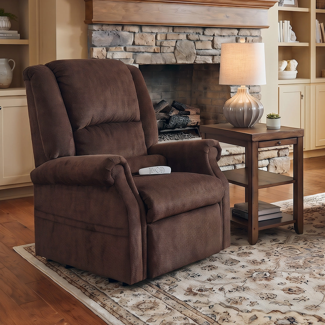 Glendale Power Lift Recliner from Mega Motion in Polyester with Storage, lift chair, Made in USA - Reclined position