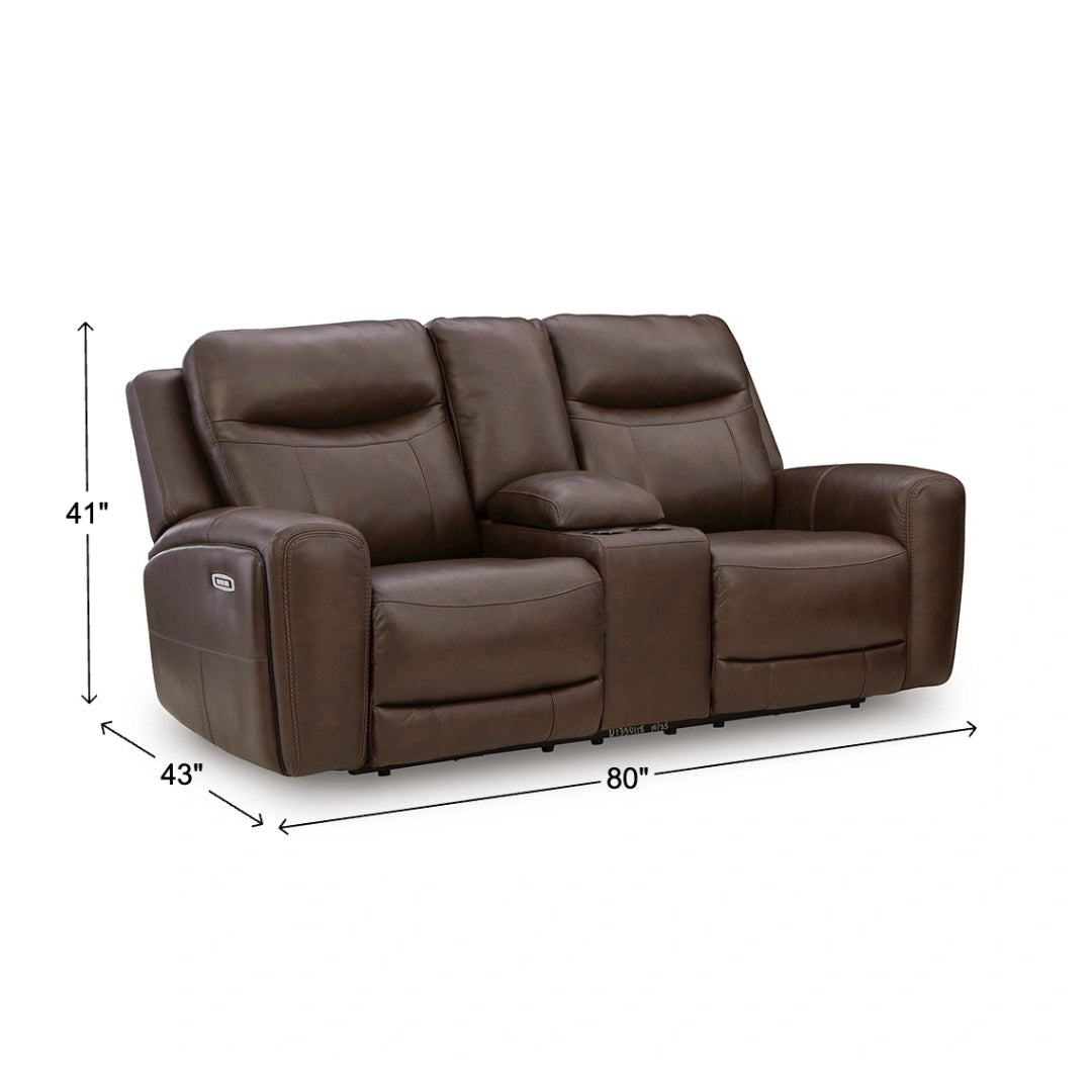 Gravier Leather Power Reclining Loveseat with Console from Signature Design by Ashley in Brown - Reclined position