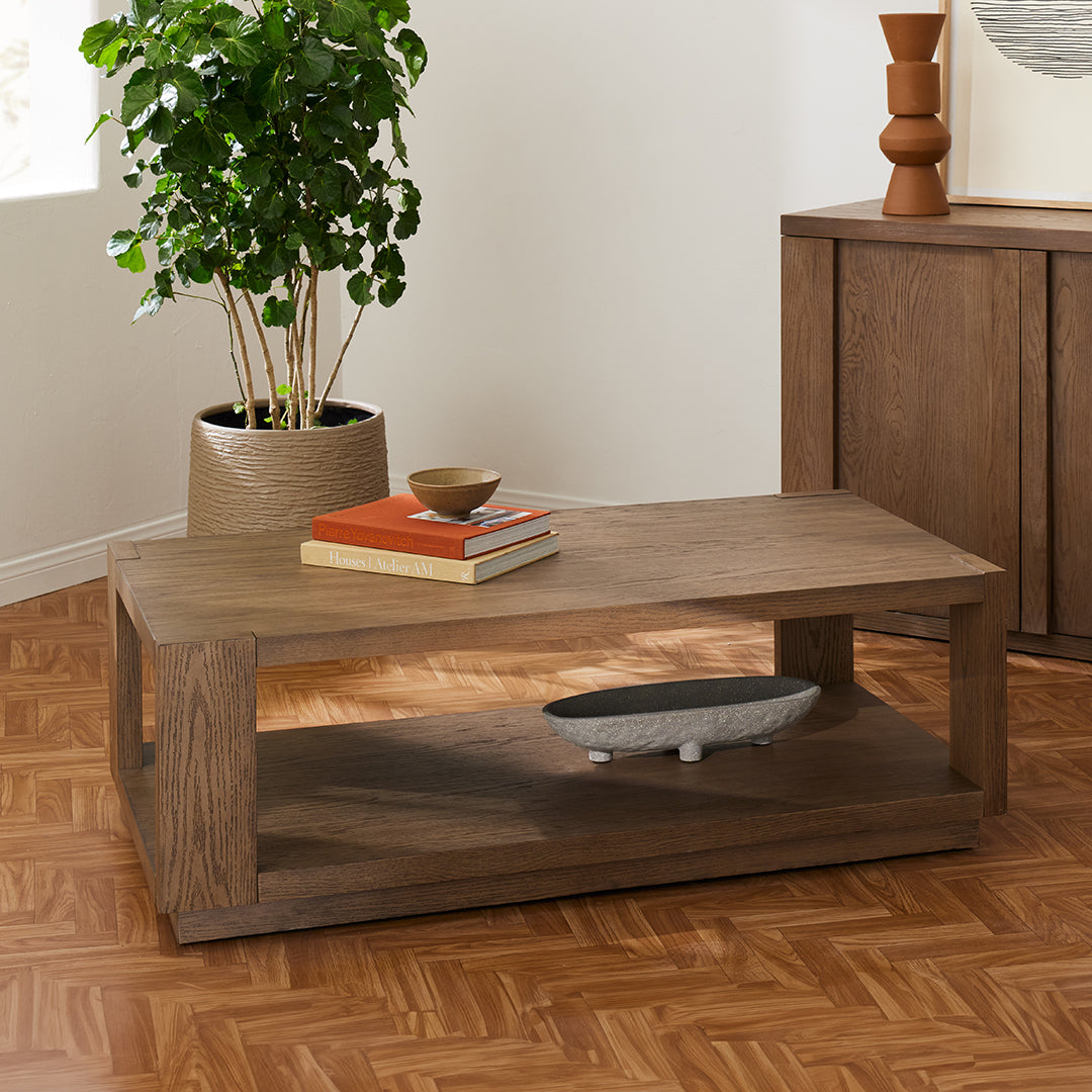 Joybird wooden coffee table with a dark brown finish