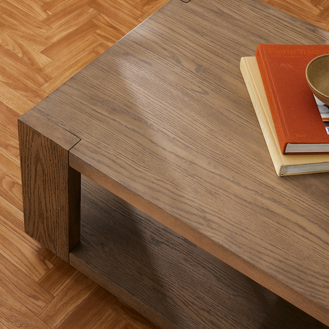 Joybird wooden coffee table with a dark brown finish
