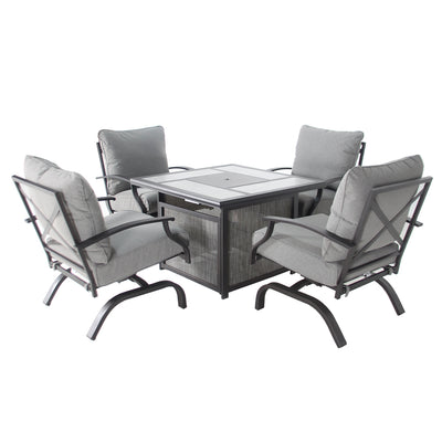 Outdoor patio set with a gas fire pit table and four swivel rocker chairs