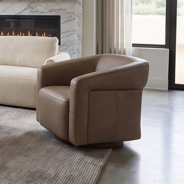 Jasmine Leather Barrel Swivel Chair from Kuka Home in Brown - Leather detail