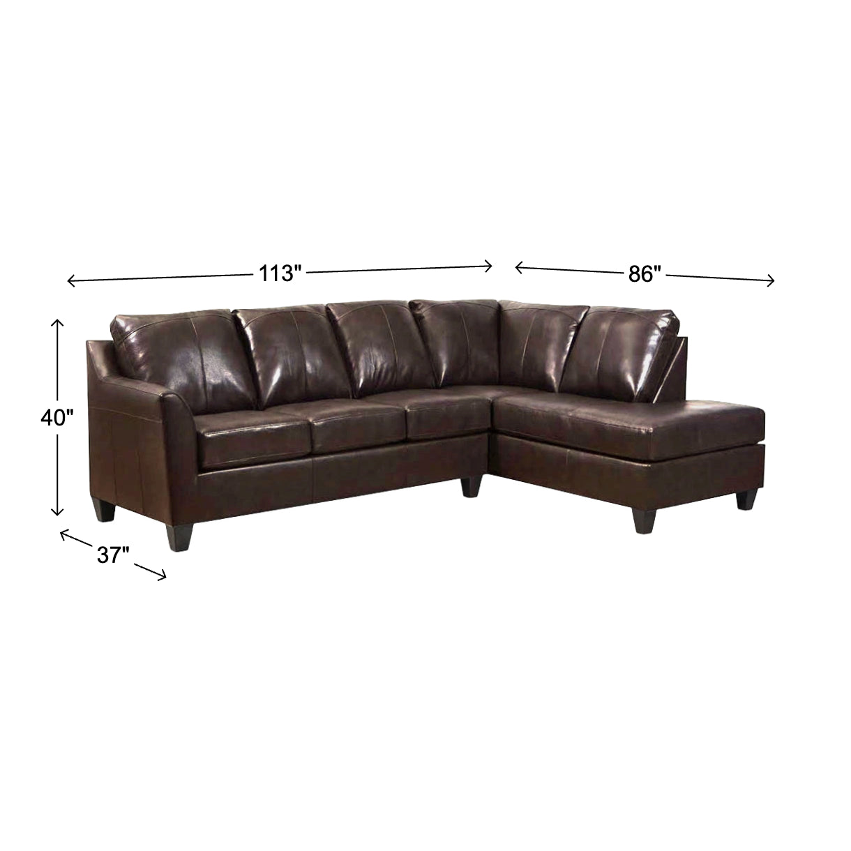 Josh Leather Sectional with Right Chaise (2-Piece) from A&W Furniture in Brown with Chaise, Made in USA - Detail view