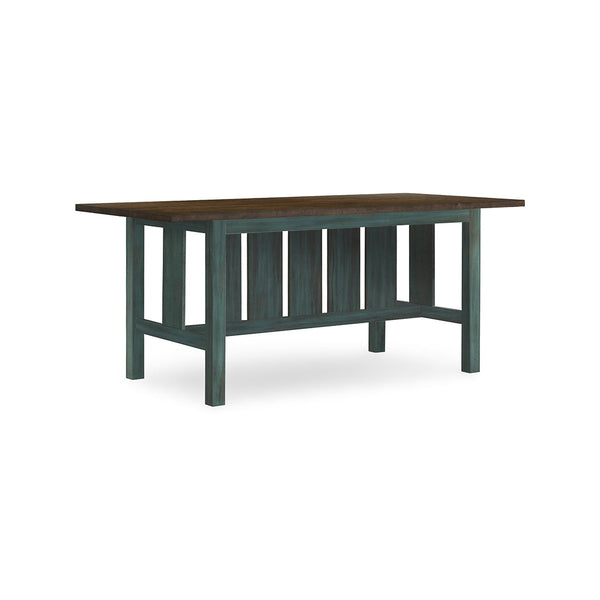 A rustic rectangular table with a dark brown wood top and a distressed teal-green painted frame, shown on a plain white background.