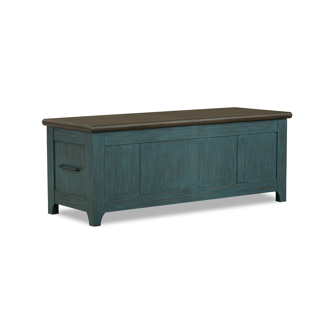 A rustic wooden storage bench with a distressed teal-blue painted finish and a dark brown top.