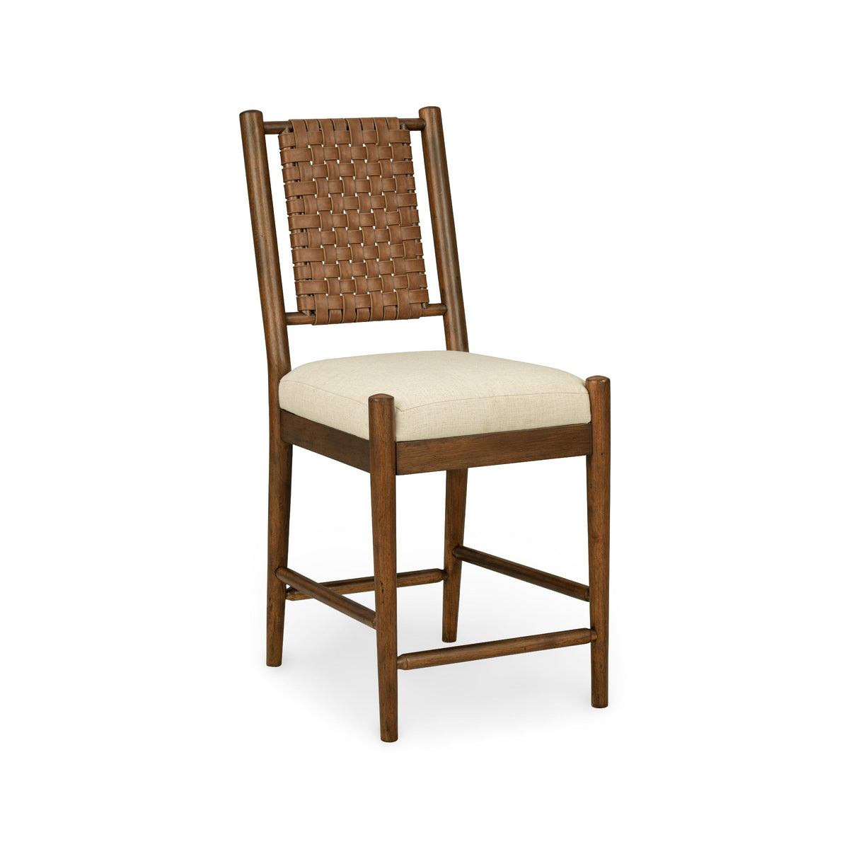 A wooden bar stool with a woven brown leather backrest and a cream upholstered seat cushion