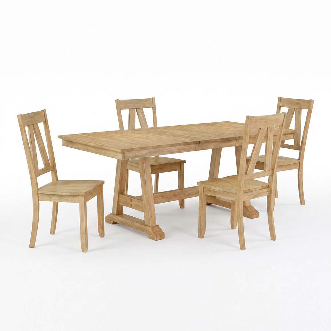 A 5-piece dining table set made of light natural wood, including one rectangular table and four matching chairs, shown on a seamless white background.
