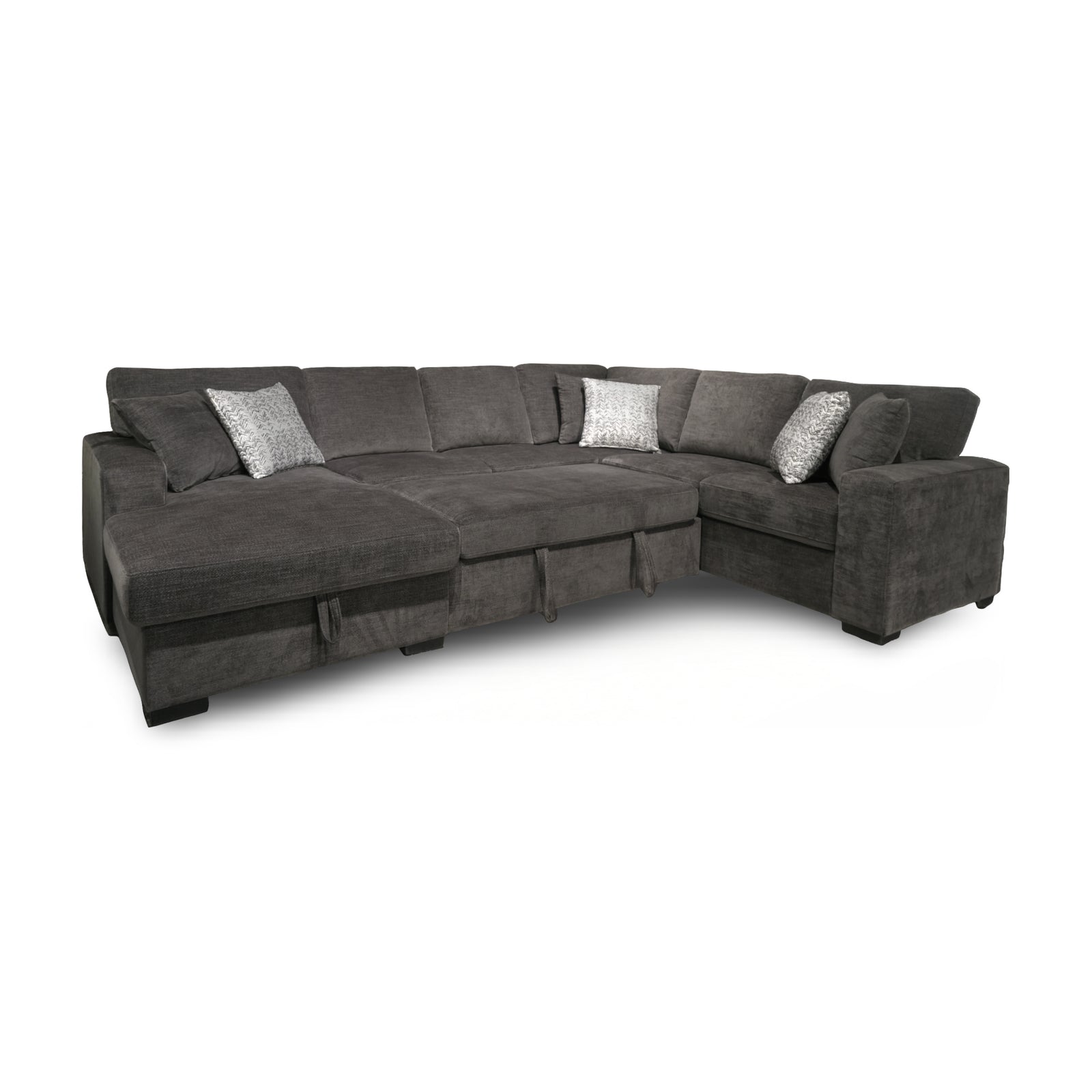 Left side facing Lucy pop up sectional with storage chaise shown in sleeper configuration