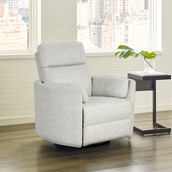 Arc power glider recliner by Parker House in quartz beige fabric styled in a living room