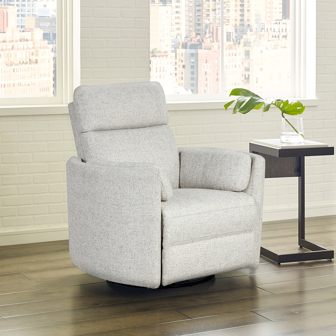 Arc power glider recliner by Parker House in quartz beige fabric styled in a living room