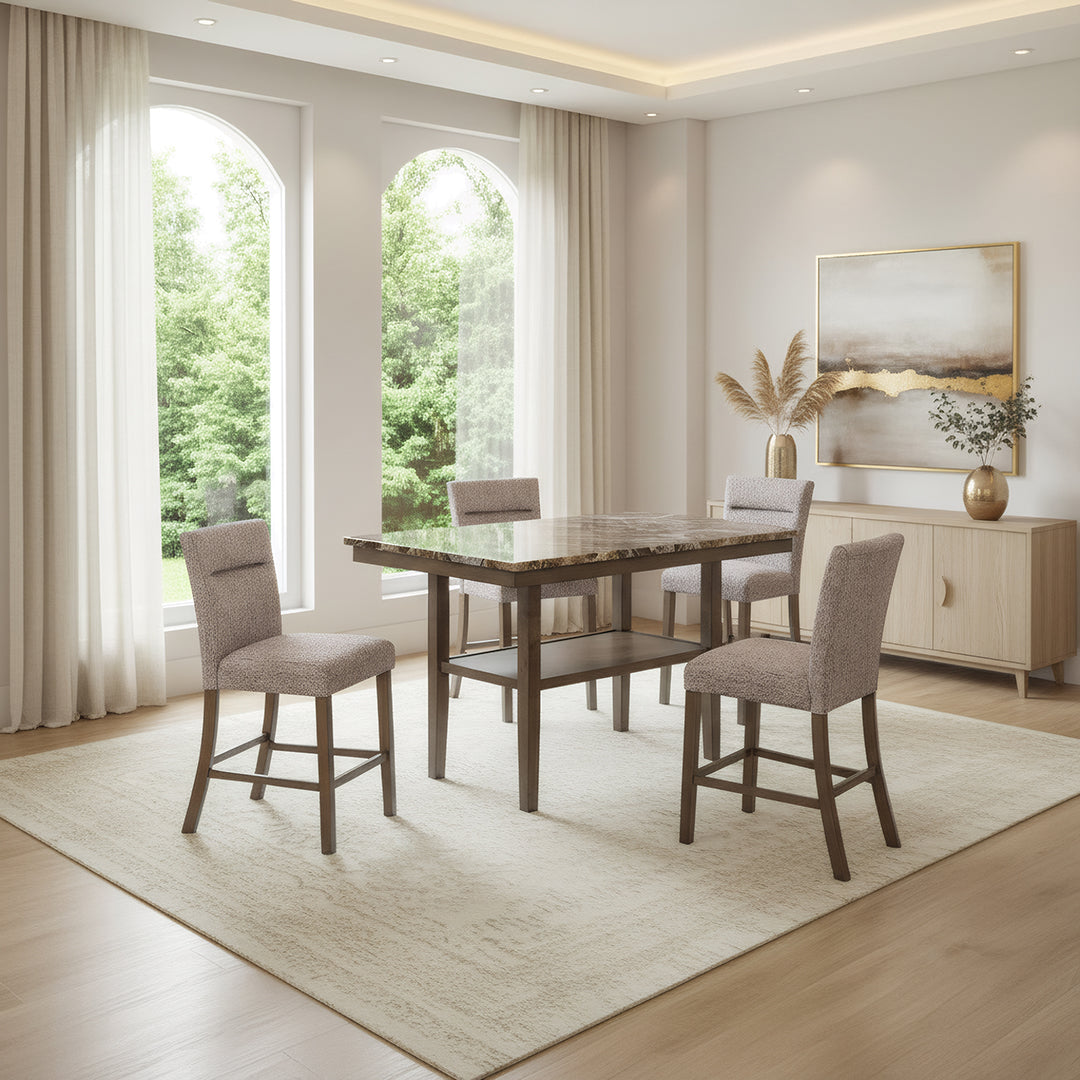 Dining room with faux marble table and upholstered stools.