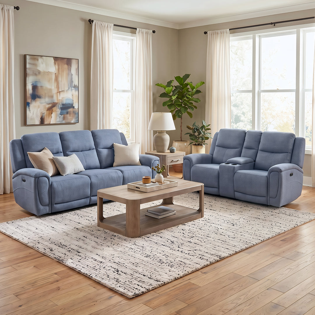 Merritt Power Reclining Loveseat with Console from Kuka Home in Blue Fabric - Fabric detail