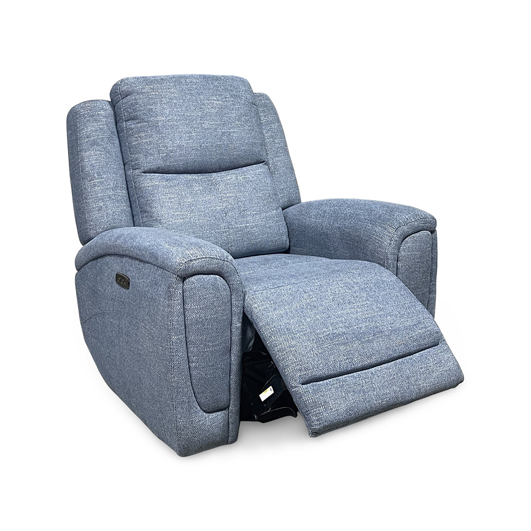 Merritt Power Recliner from Kuka Home in Blue Fabric with Power Headrest, USB Port - Reclined position