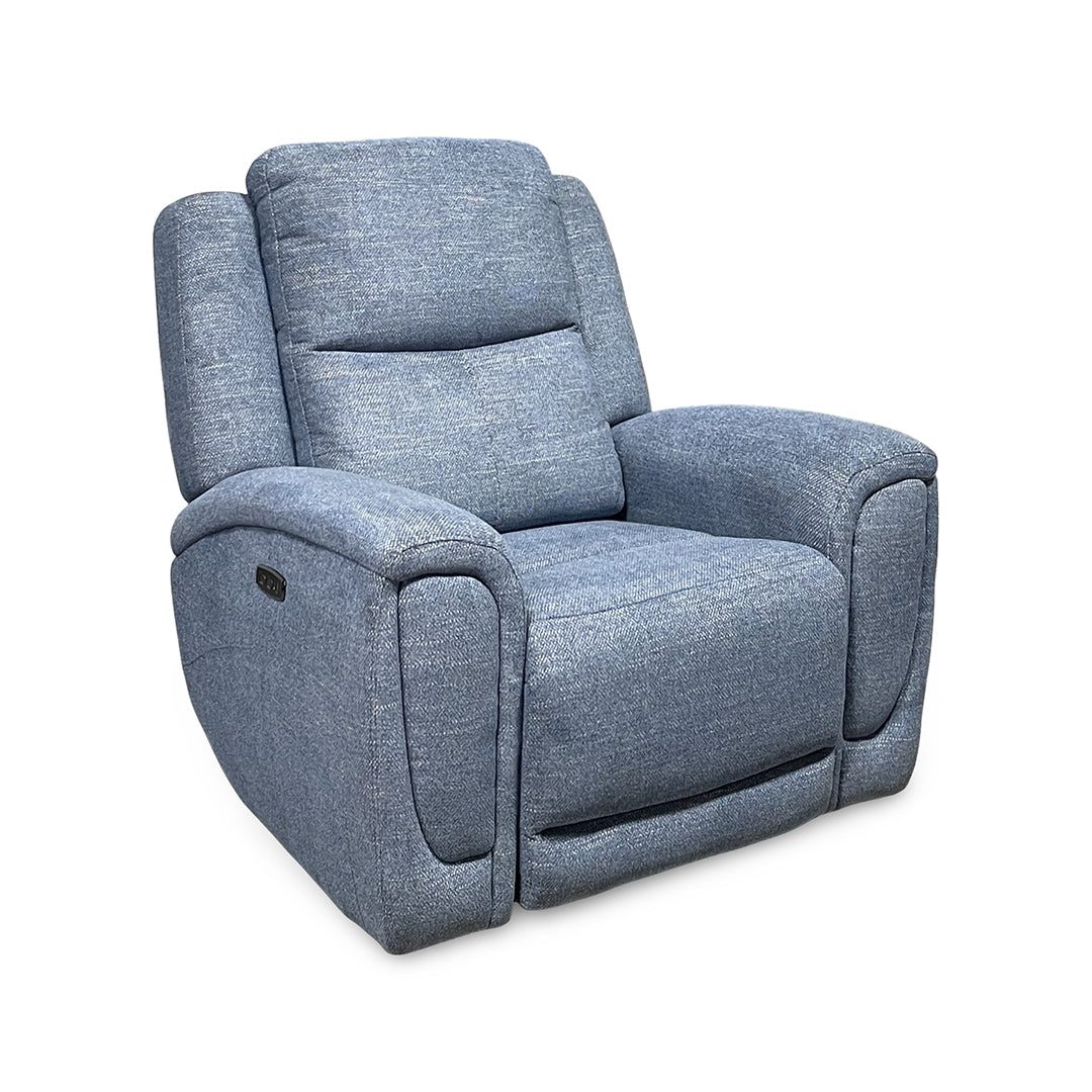 Merritt Power Recliner from Kuka Home in Blue Fabric with Power Headrest, USB Port - Reclined position