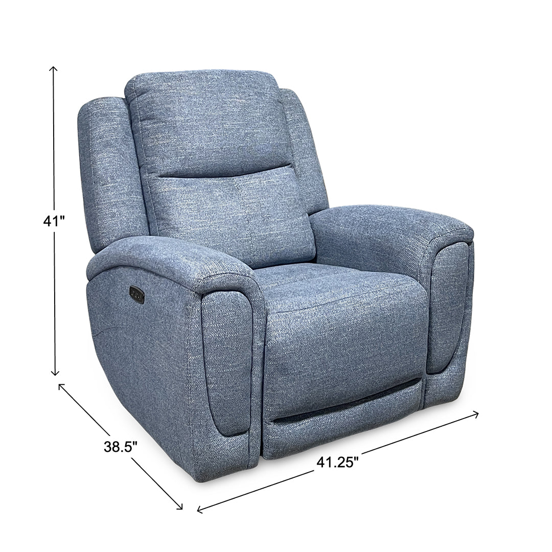 Merritt Power Recliner from Kuka Home in Blue Fabric with Power Headrest, USB Port - Reclined position