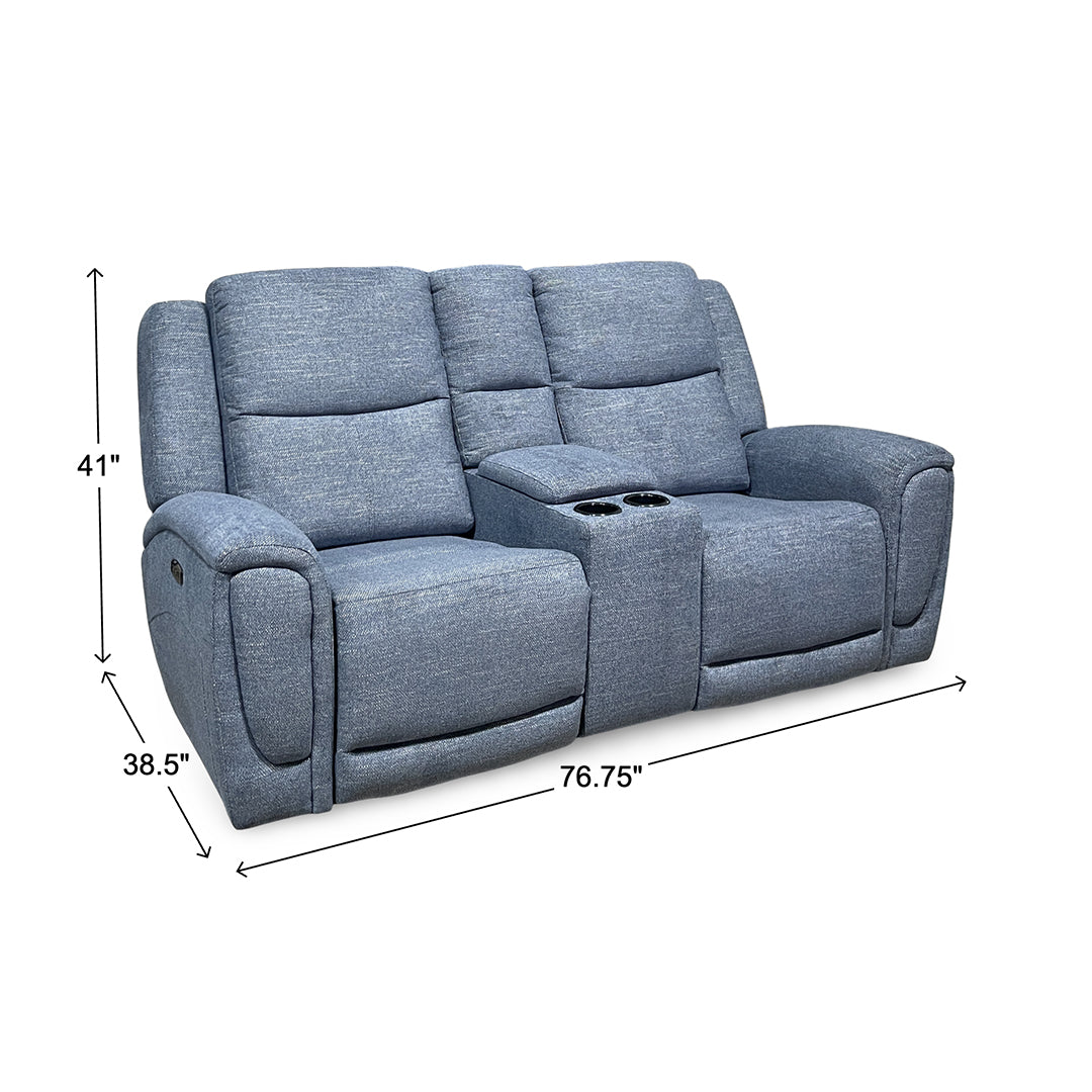 Merritt Power Reclining Loveseat with Console from Kuka Home in Blue Fabric with Cup Holders, Storage - Reclined position