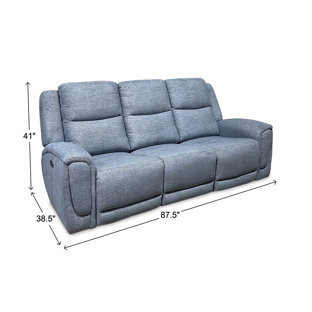 Merritt Power Reclining Sofa from Kuka Home in Blue Fabric with Power Headrest, Power Recline - Reclined position