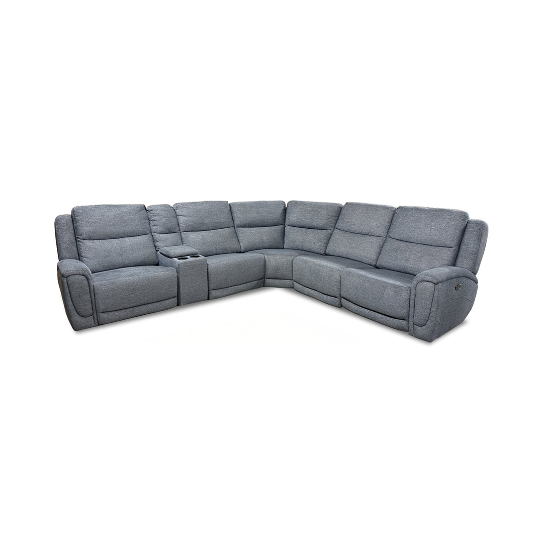 Merritt Power Reclining Sectional (6-Piece) from Kuka Home in Blue Fabric with Cup Holders, Storage - Blue finish
