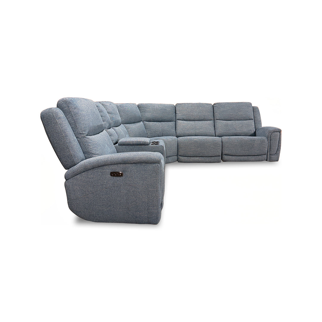 Merritt Power Reclining Sectional (6-Piece) from Kuka Home in Blue Fabric with Cup Holders, Storage - Blue finish