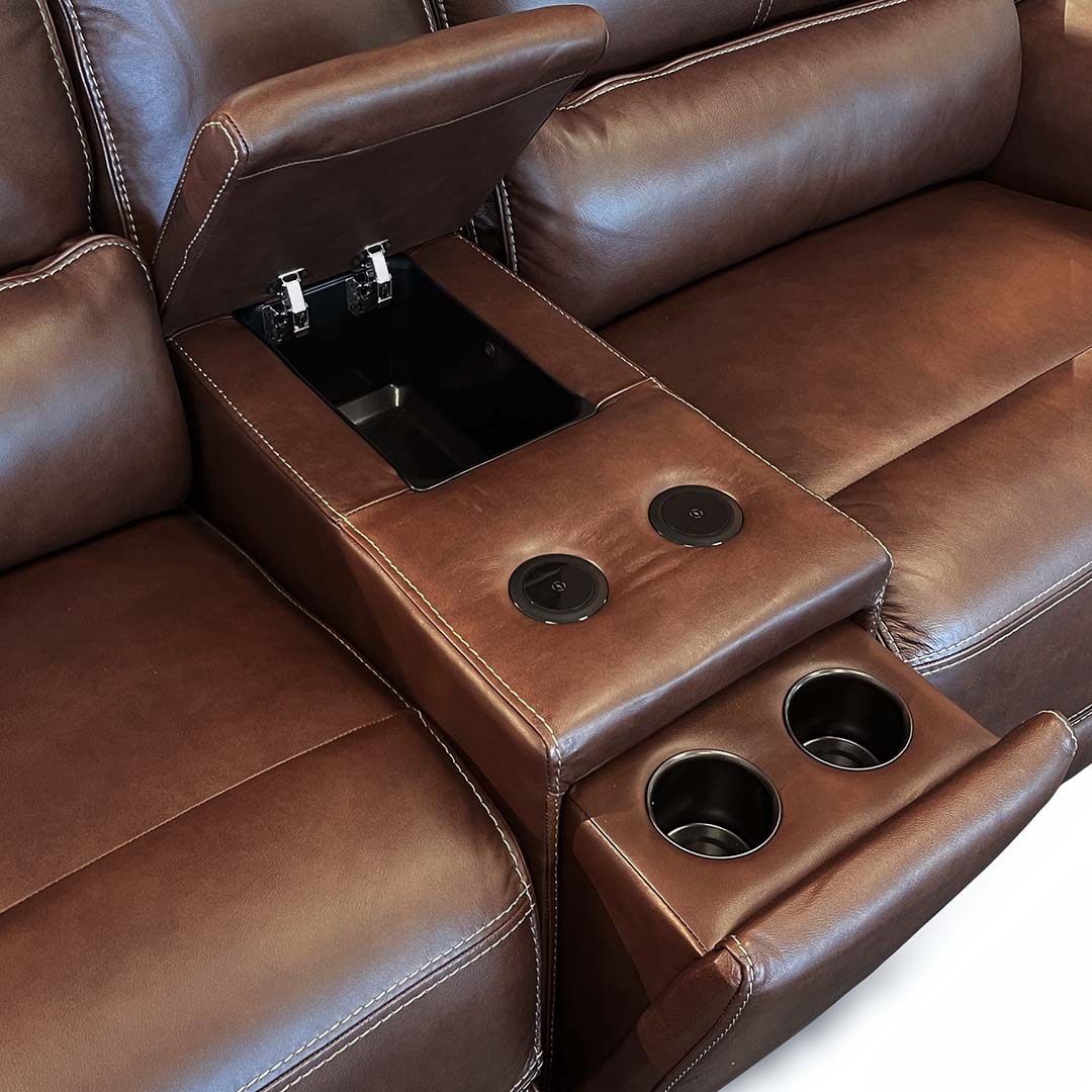 Monique Leather Power Reclining Sectional (6-Piece) from Futura Leather in Brown with Cup Holders, Storage - Reclined position