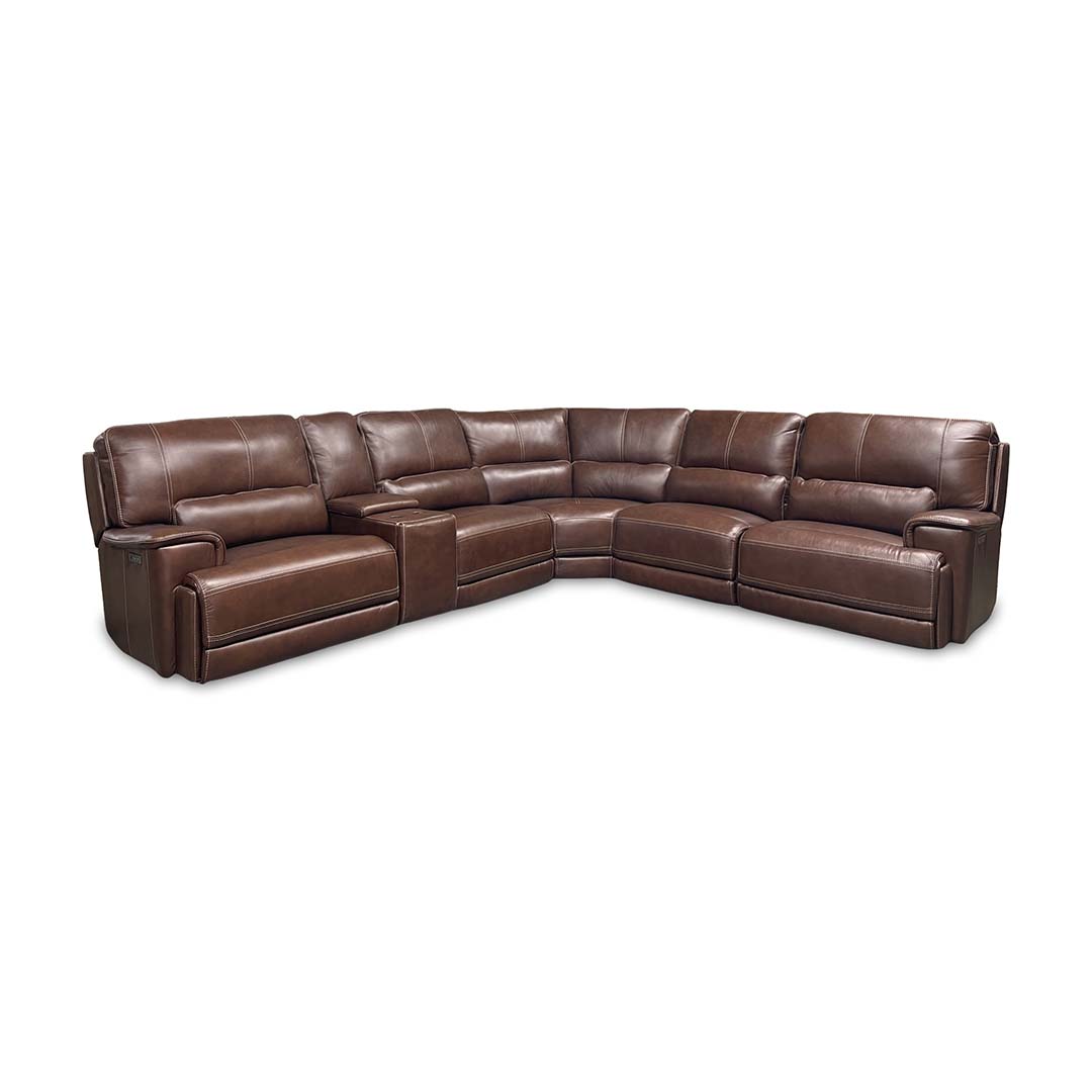Monique Leather Power Reclining Sectional (6-Piece) from Futura Leather in Brown with Cup Holders, Storage - Reclined position