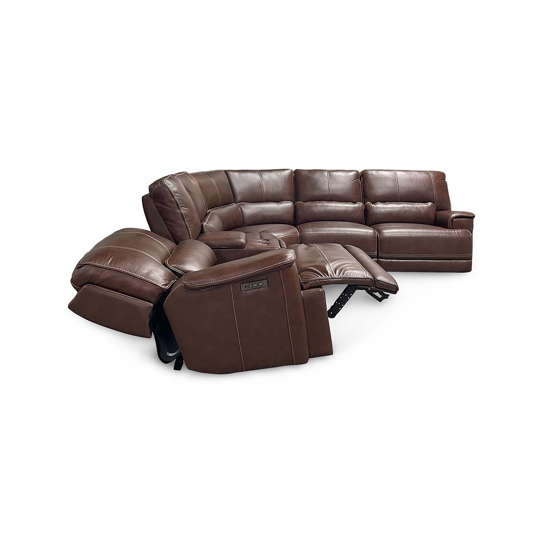 Monique Leather Power Reclining Sectional (6-Piece) from Futura Leather in Brown with Cup Holders, Storage - Reclined position