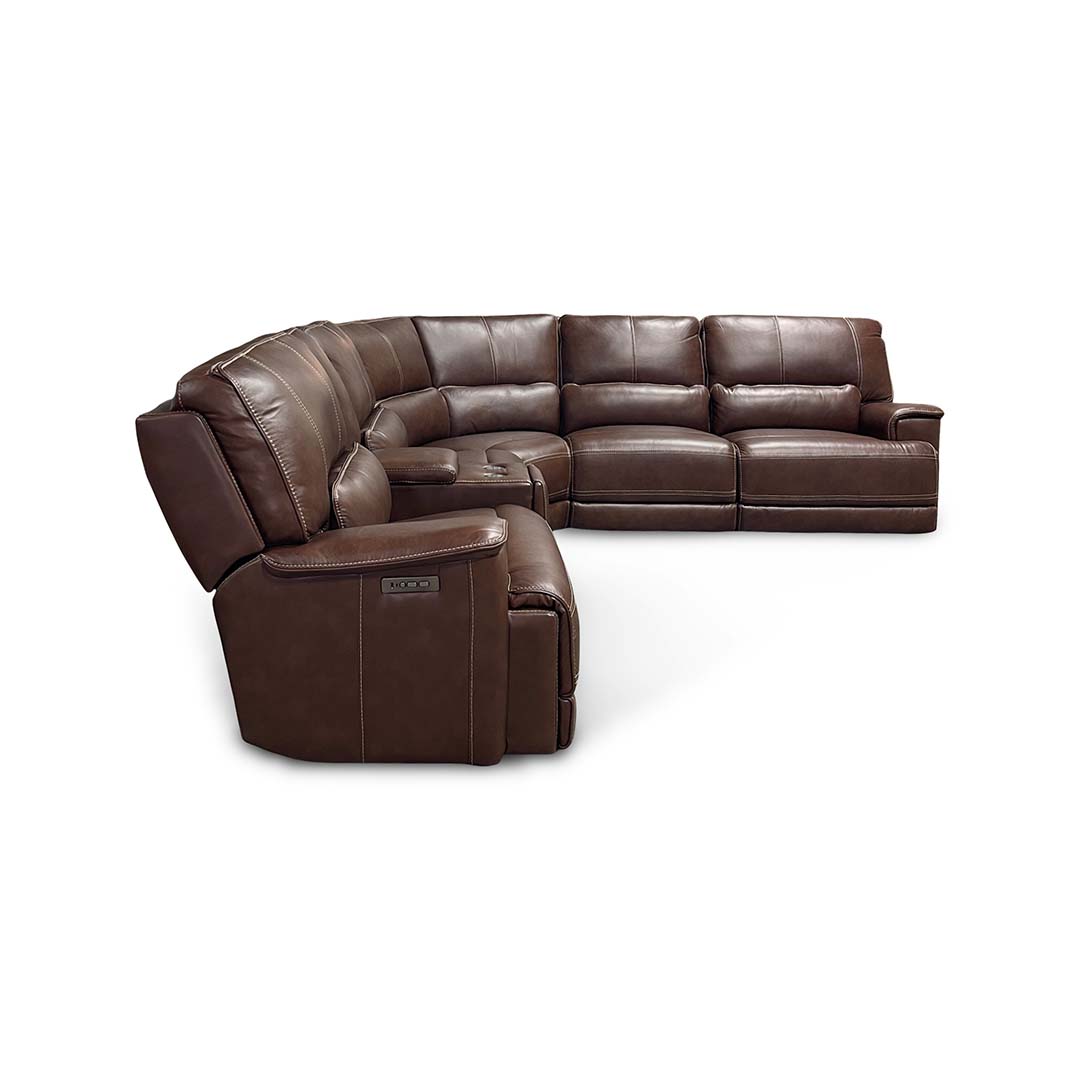 Monique Leather Power Reclining Sectional (6-Piece) from Futura Leather in Brown with Cup Holders, Storage - Reclined position