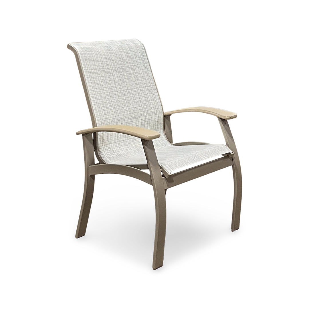 Chair with beige frame and white mesh back and seat on a white background